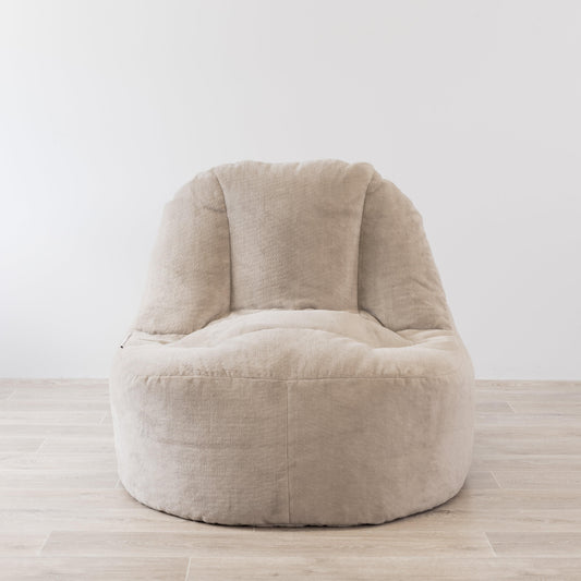 Light beige plush bean bag chair cover with square back and round seat