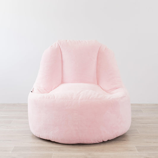 Soft pink plush fur bean bag chair cover with rounded seat and backrest