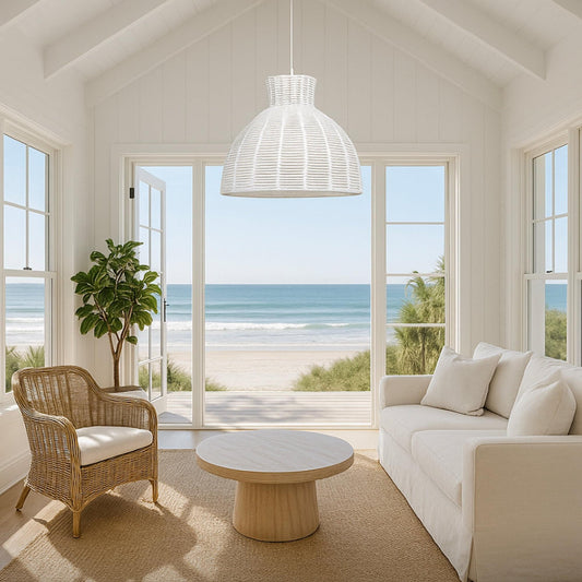 White rope pendant light with ribbed woven dome shade on a hanging cord