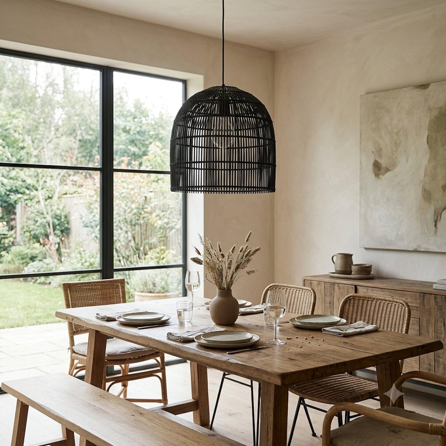Black cage pendant light with open weave, suspended above dining table