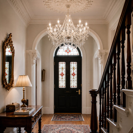 Cassie 12-light chandelier with clear glass crystal drops and candelabra bulbs