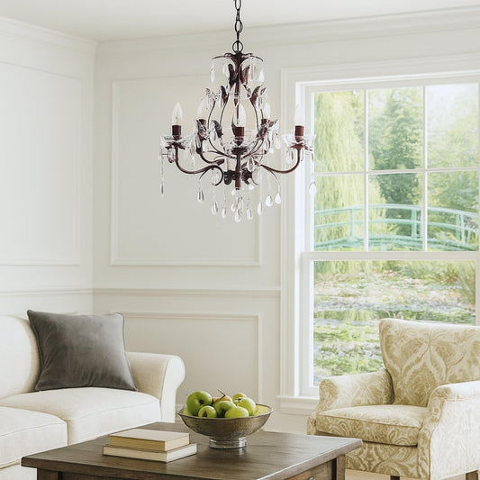 Black and chrome chandelier with crystal drops, candle-style bulbs, and five lights