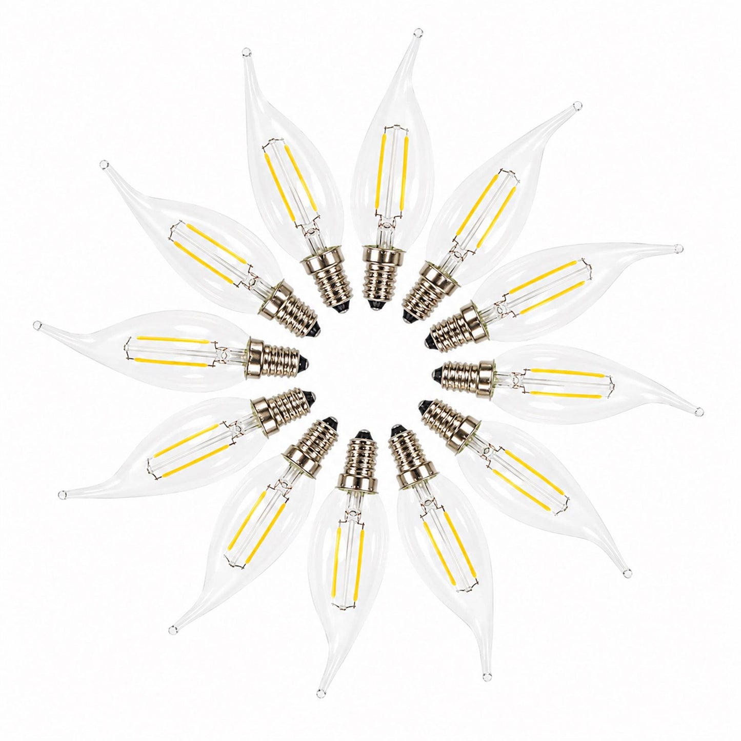 LED E14 flame-tip bulbs set with clear glass and exposed cool-white filaments