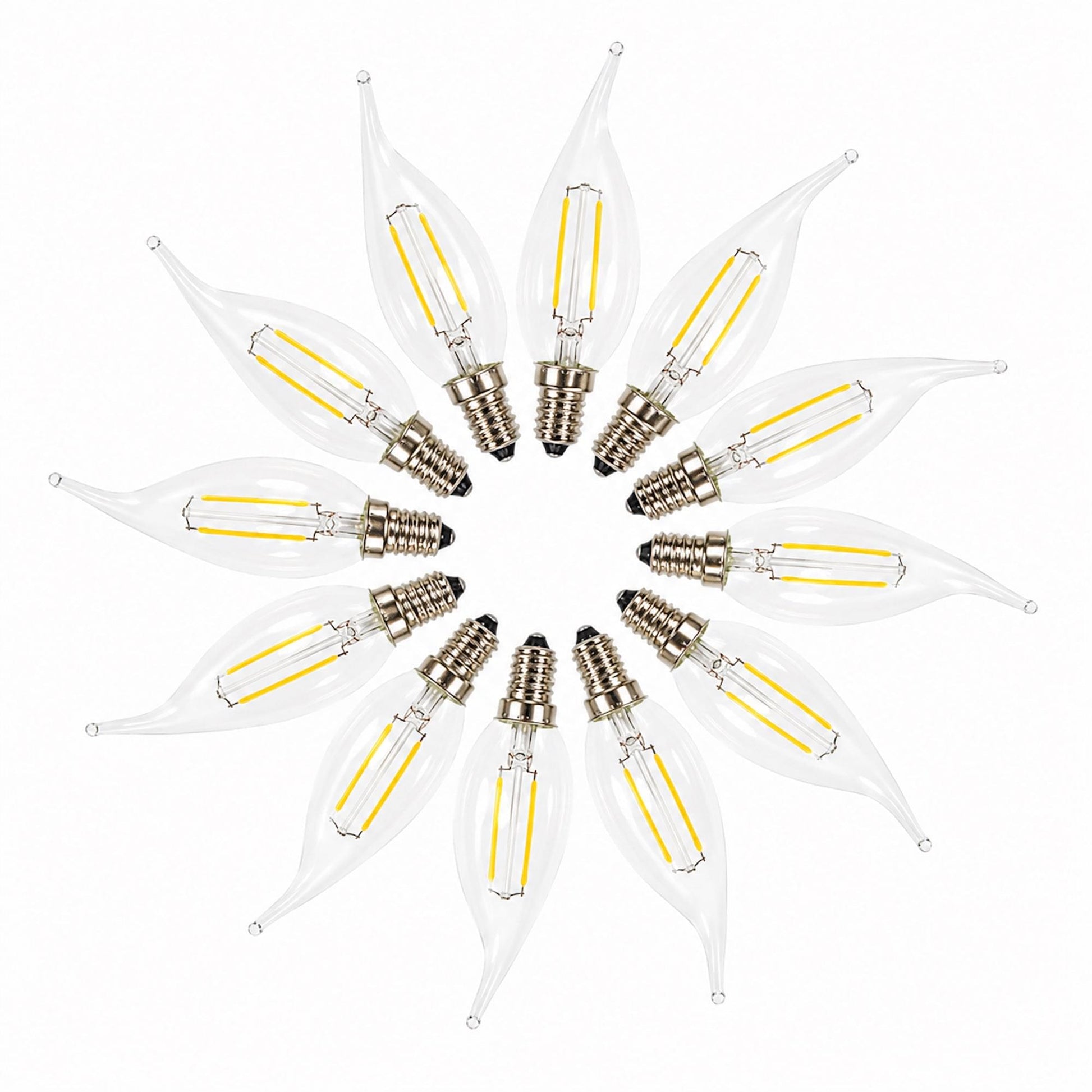 LED E14 flame-tip bulbs set with clear glass and exposed cool-white filaments
