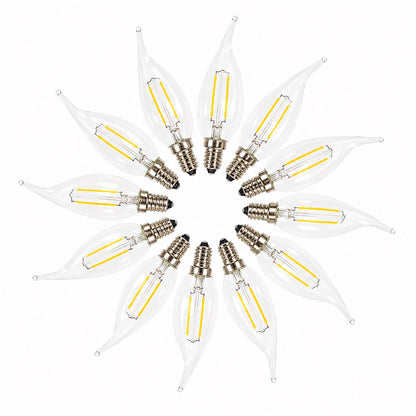 LED E14 flame-tip bulbs set with clear glass and exposed cool-white filaments
