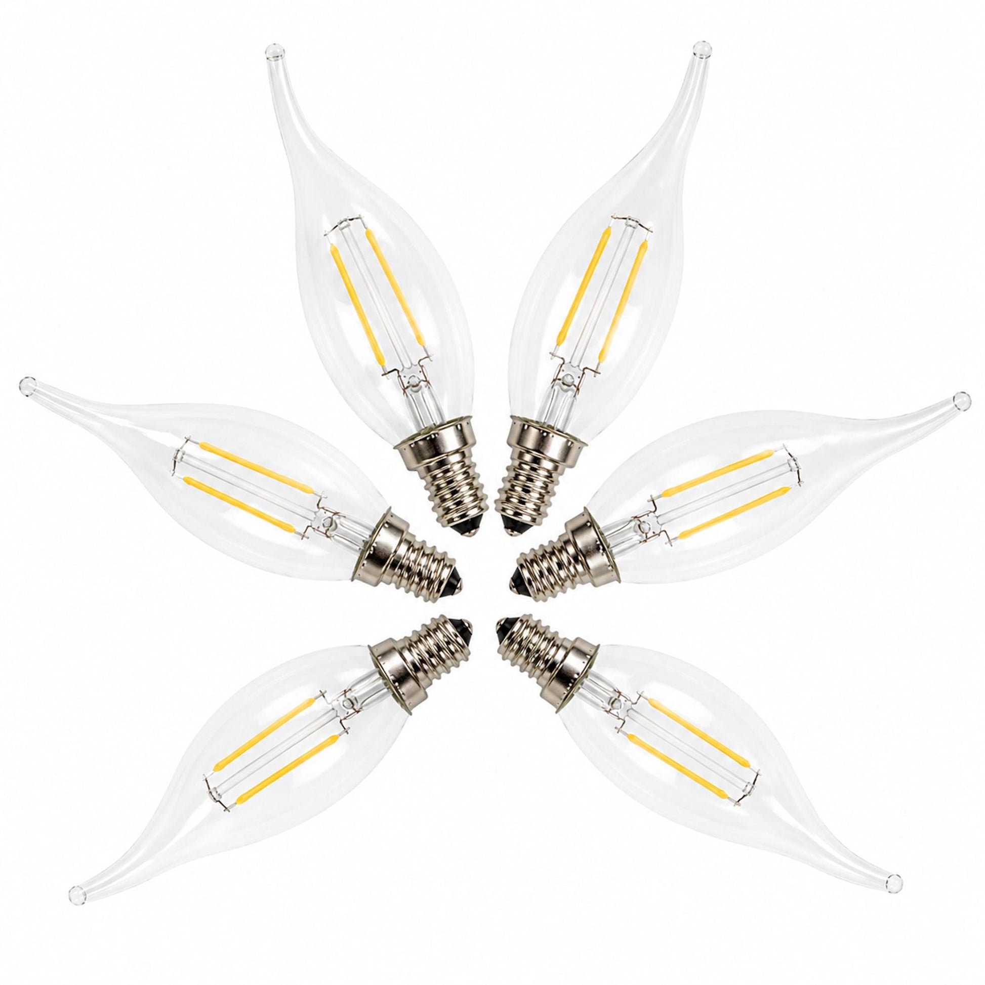 Multiple LED E14 flame-tip bulbs, clear glass with exposed cool-white filaments