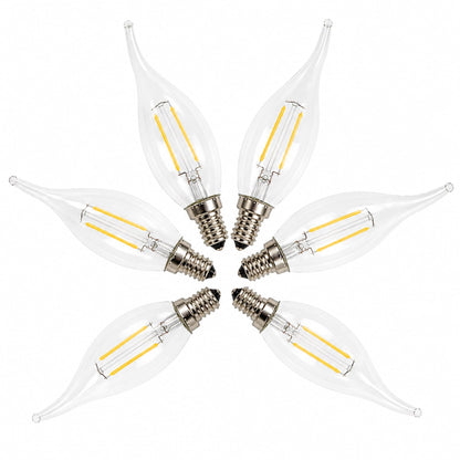 Multiple LED E14 flame-tip bulbs, clear glass with exposed cool-white filaments