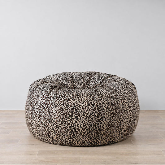 Leopard print faux-fur round bean bag with open top and gathered seams