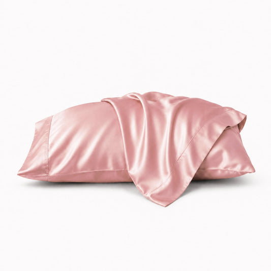 Silky bamboo pillowcase set, soft coral pink satin with overlap closure