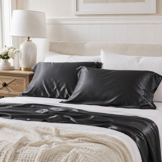 Charcoal silky bamboo pillowcases on bed, two matching dark gray cases