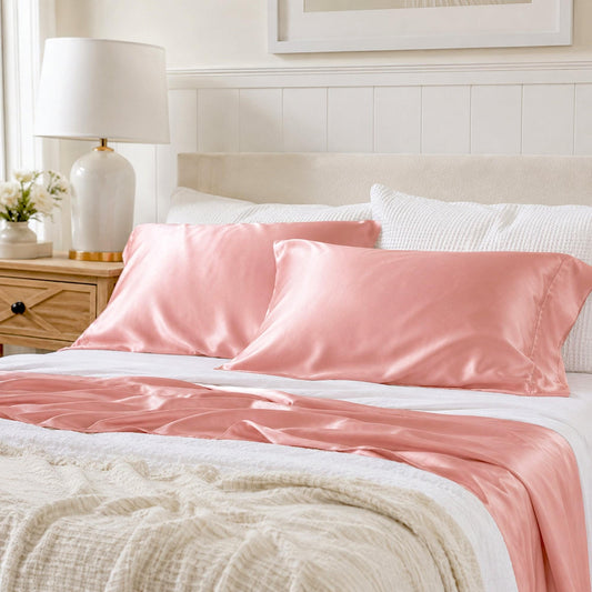 Soft coral pink satin pillowcases on bed, standard size with envelope overlap