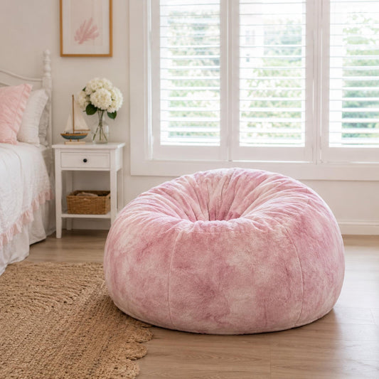 Marble pink plush fur bean bag on floor, wide rounded top and curved sides
