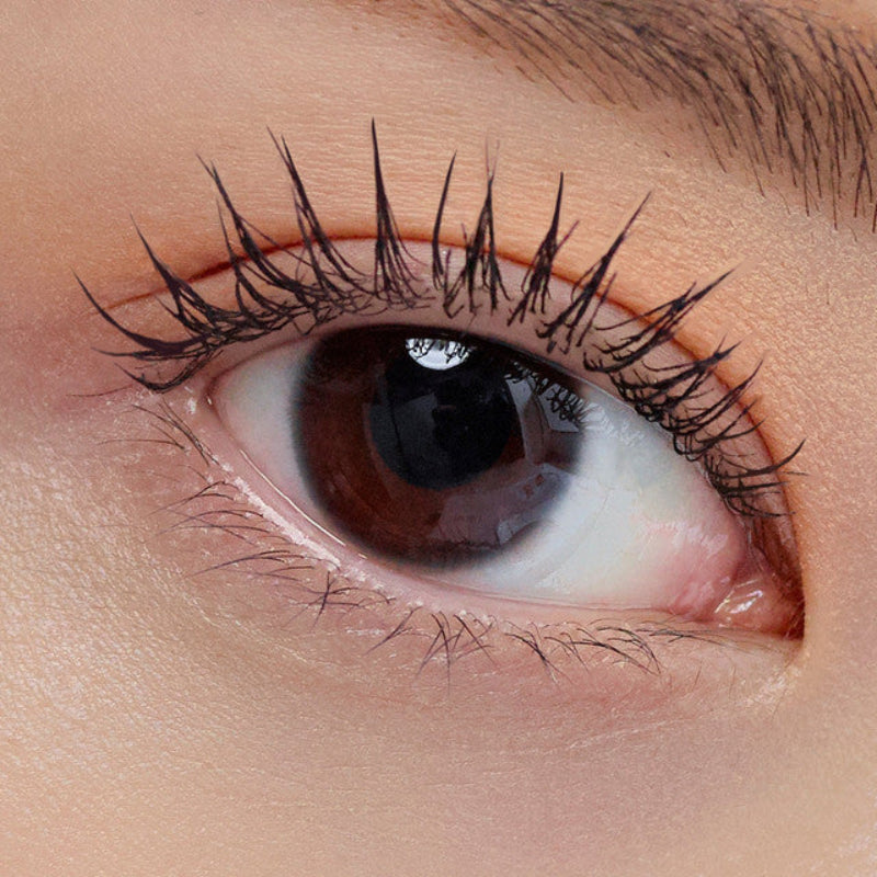 Close-up eye featuring dark curled lashes with a smooth, lifted look