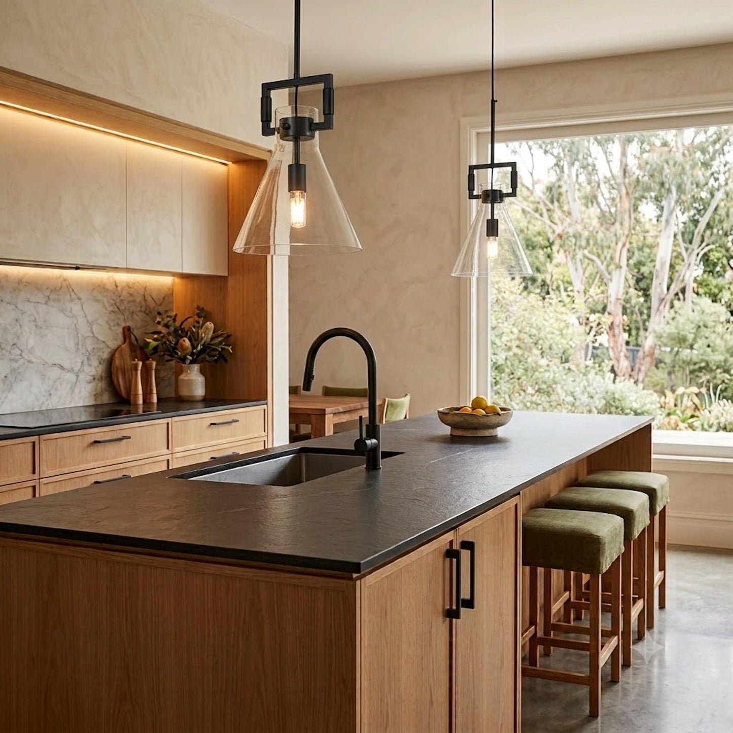 Black-framed pendant light with clear bell glass shade above kitchen island