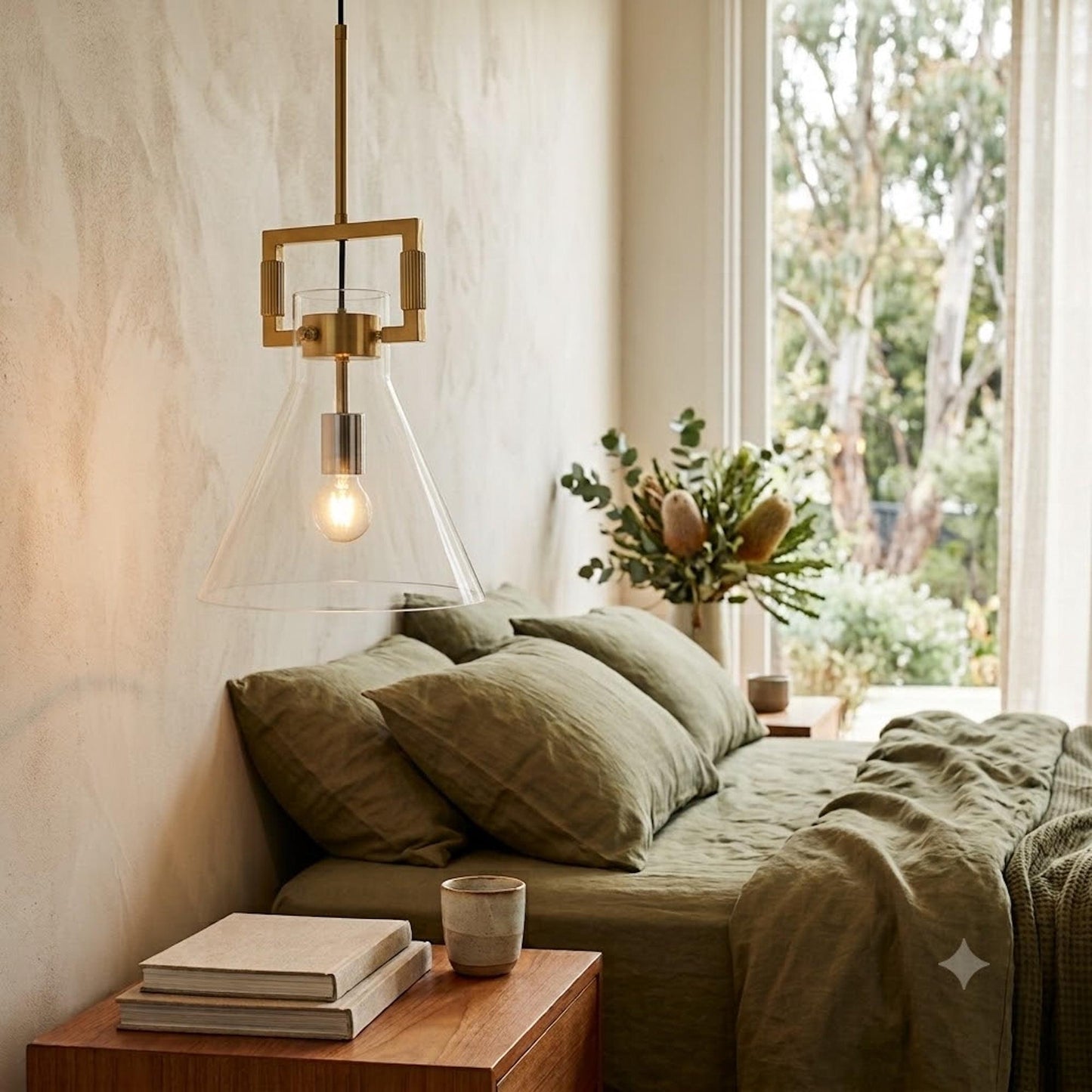 Gold framed clear glass pendant light with exposed filament bulb