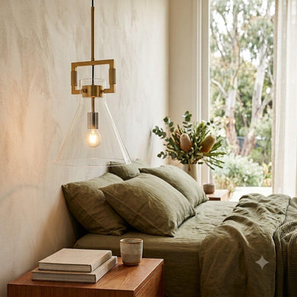 Gold framed clear glass pendant light with exposed filament bulb