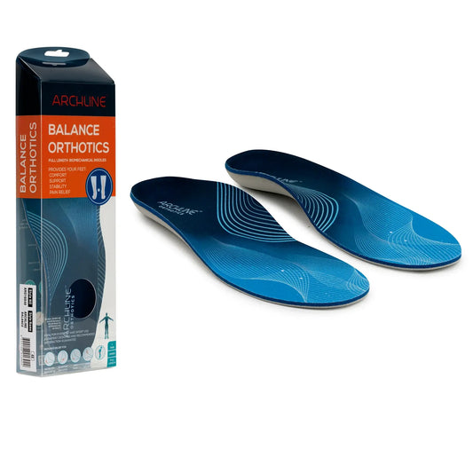 Archline orthotic insoles, pair with blue patterned top and dark support foam