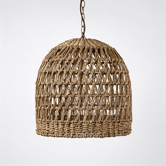 Natural woven rope pendant light with domed open lattice shade and hanging chain