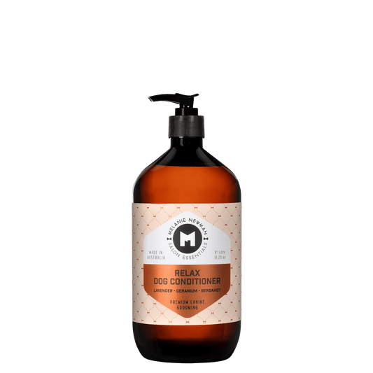 Relax dog conditioner, amber glass bottle with black pump and beige label