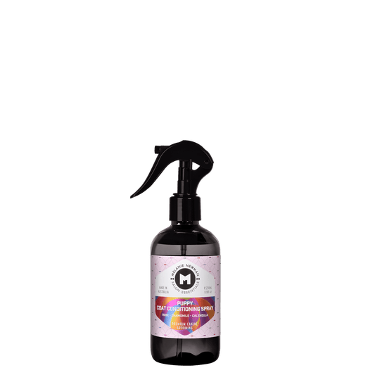 Melanie Newman puppy coat conditioning spray bottle with black trigger sprayer