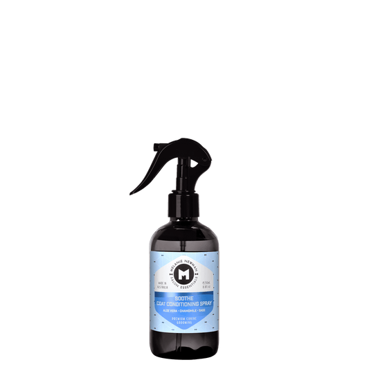 Hair coat conditioning spray bottle with black mist trigger, blue label
