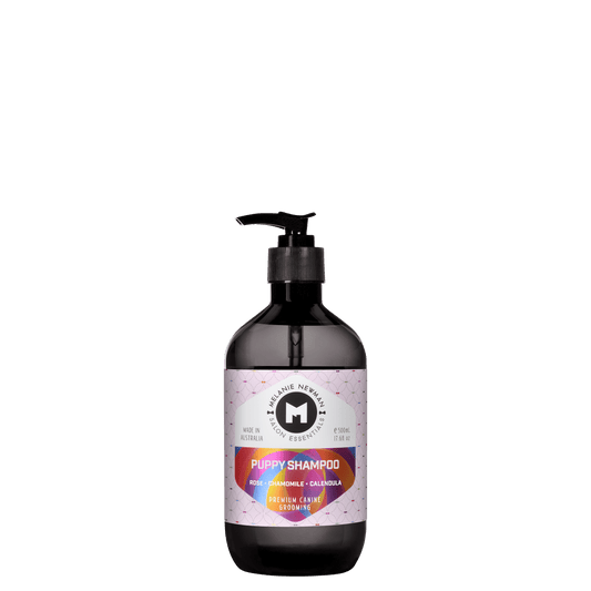 Melanie Newman puppy shampoo bottle with black pump, rose chamomile and calendula