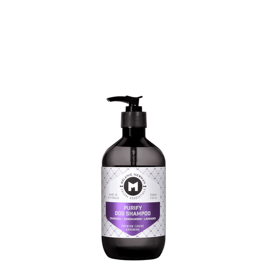 Purify dog shampoo, dark bottle with pump dispenser and purple label