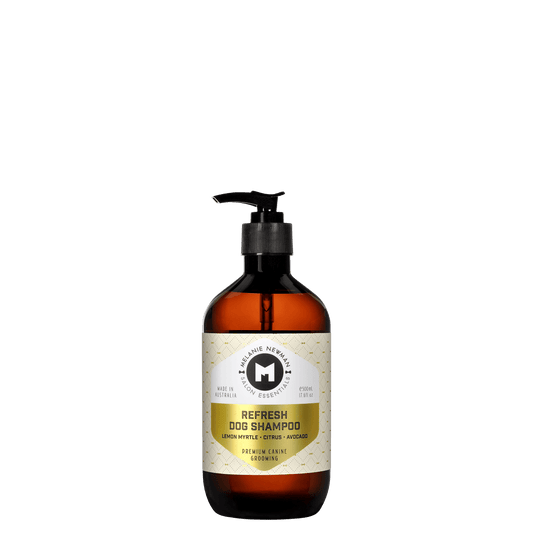 Refresh dog shampoo bottle with black pump; amber liquid and beige label with branding