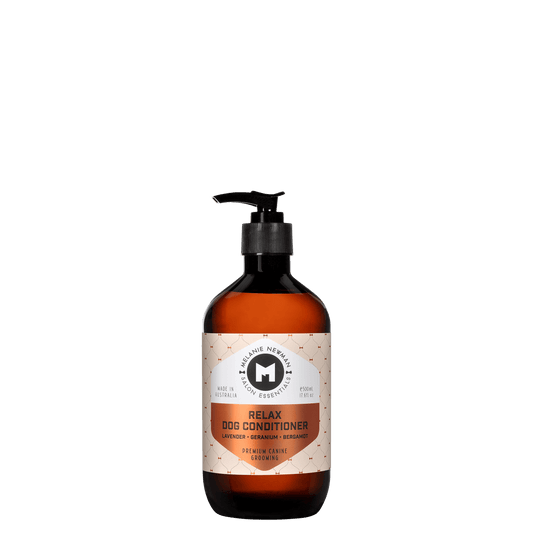 Relax dog conditioner bottle, amber glass with black pump and orange label