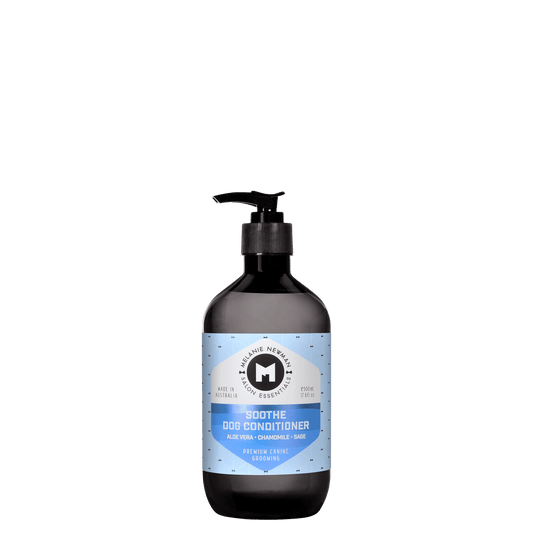Soothe dog conditioner bottle with black pump, blue label on dark bottle