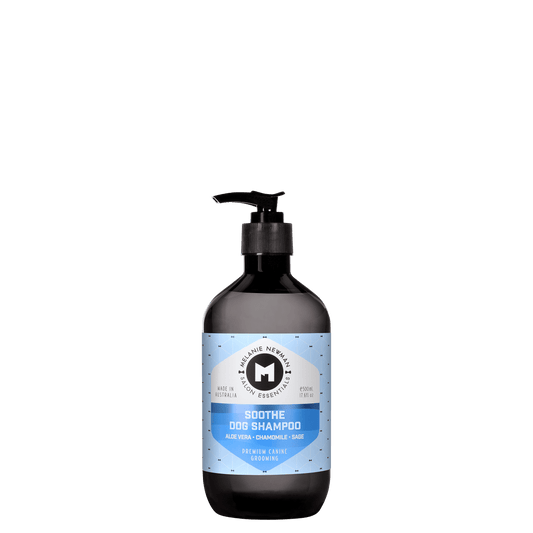 Melanie Newman Soothe shampoo pump bottle, dark bottle with blue front label.