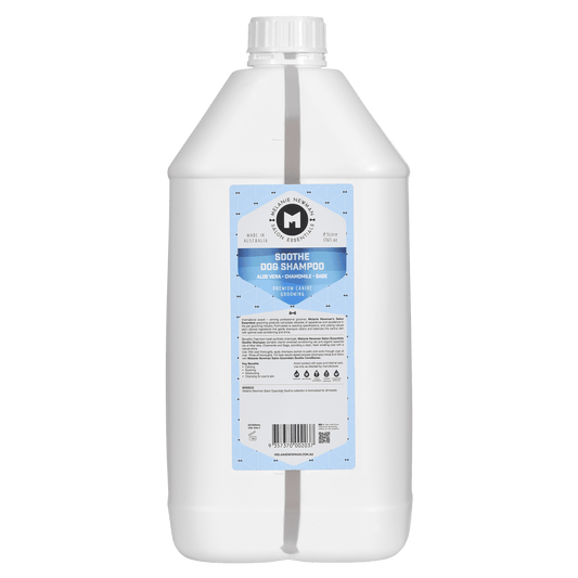 Melanie Newman Soothe shampoo bottle, white plastic with blue back label.