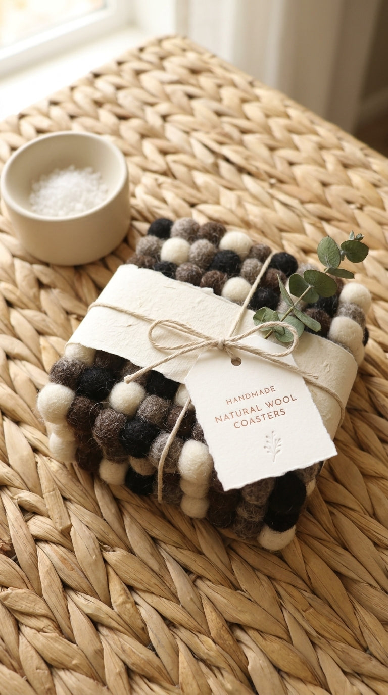 Monochrome Pebble / Black Wool Felt Coasters – Set of 4