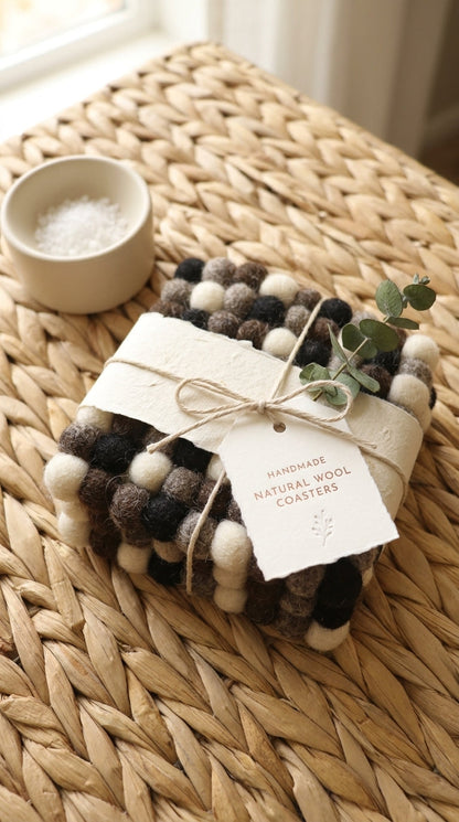 Monochrome Pebble / Black Wool Felt Coasters – Set of 4