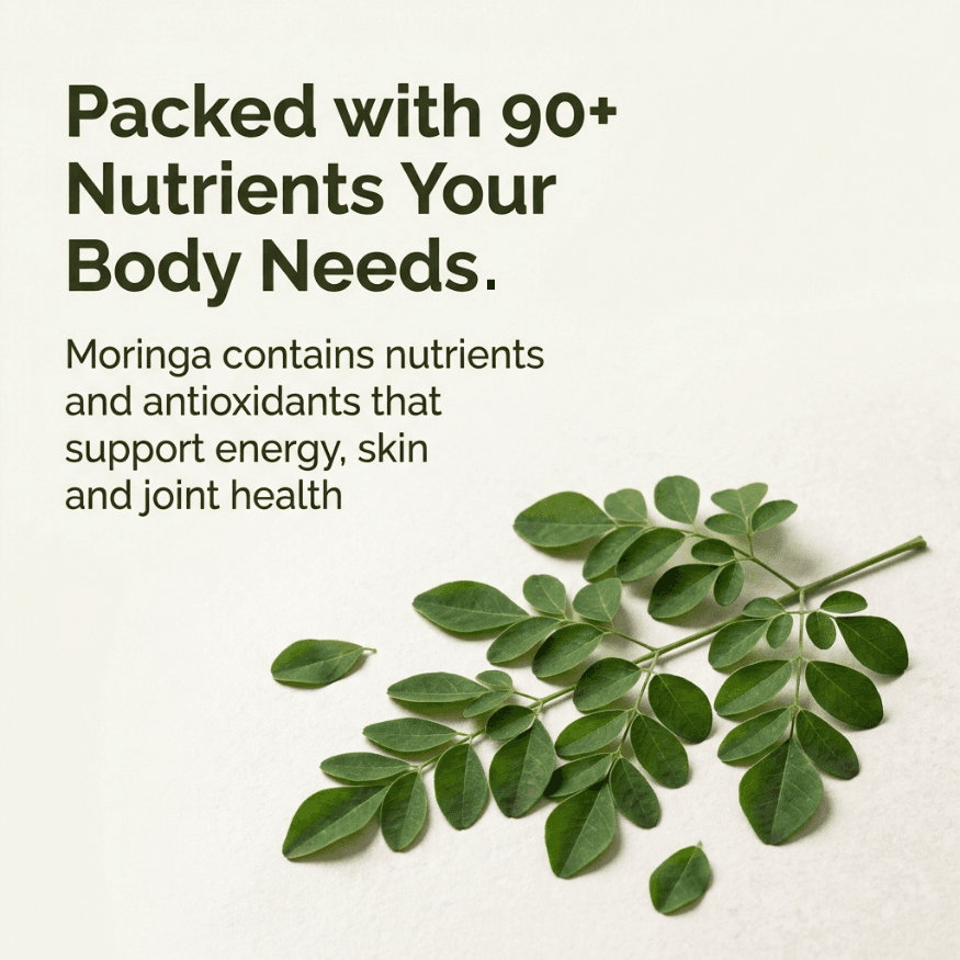 Moringa leaf sprigs next to supplement nutrition message