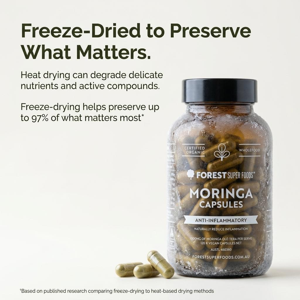 Moringa capsules jar with visible capsules and freeze-drying information panel