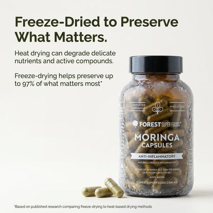 Moringa capsules jar with visible capsules and freeze-drying information panel