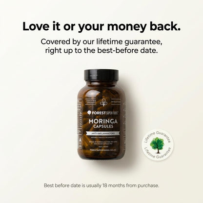 Organic moringa capsules bottle with lifetime guarantee seal