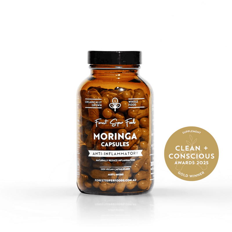 Organic moringa capsules bottle with amber jar and black cap
