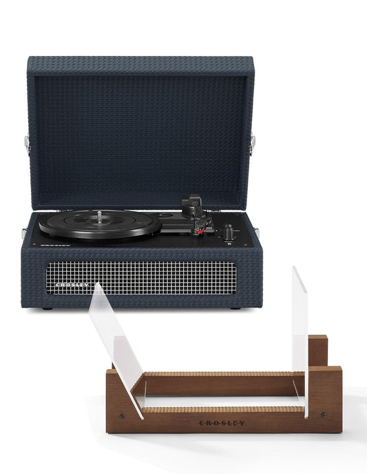 Navy Bluetooth portable turntable in open case with record storage stand underneath