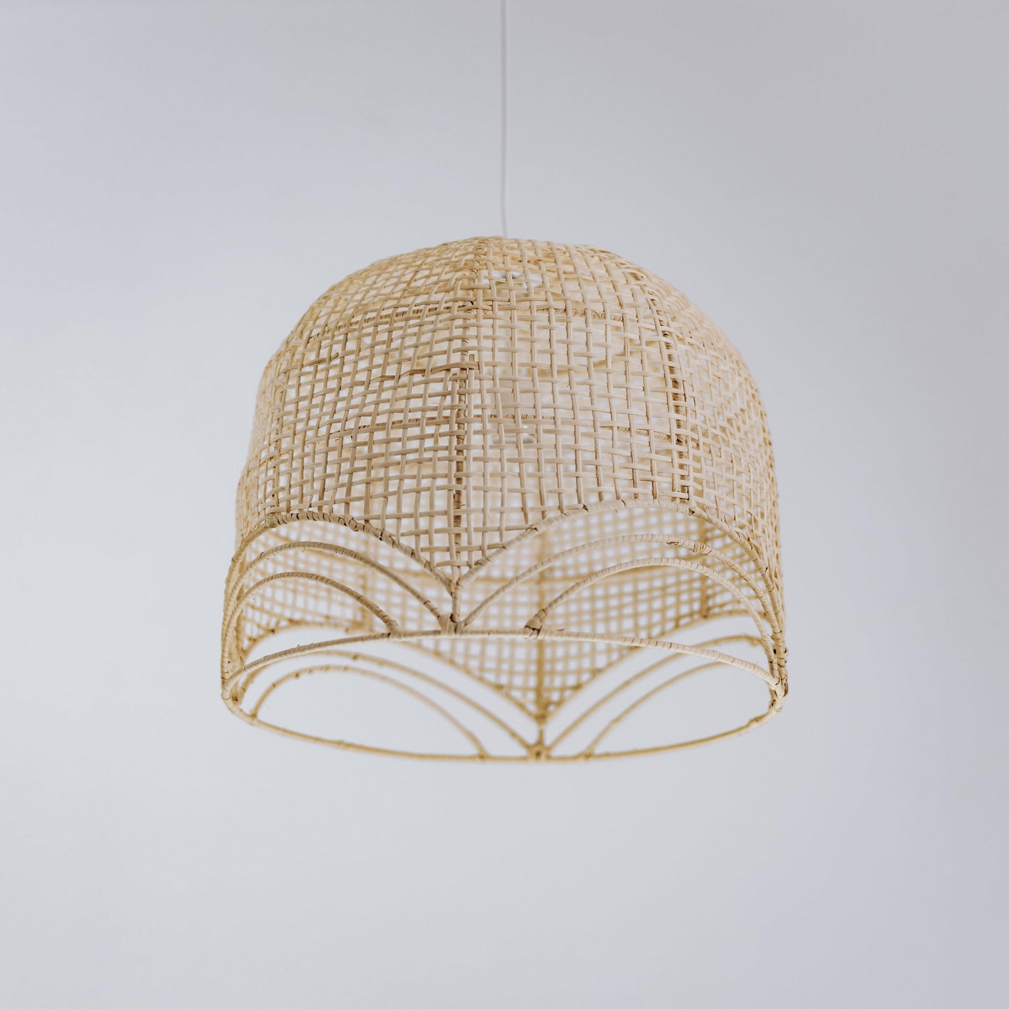 Natural rattan pendant shade, rounded dome with open lattice and scalloped bottom trim