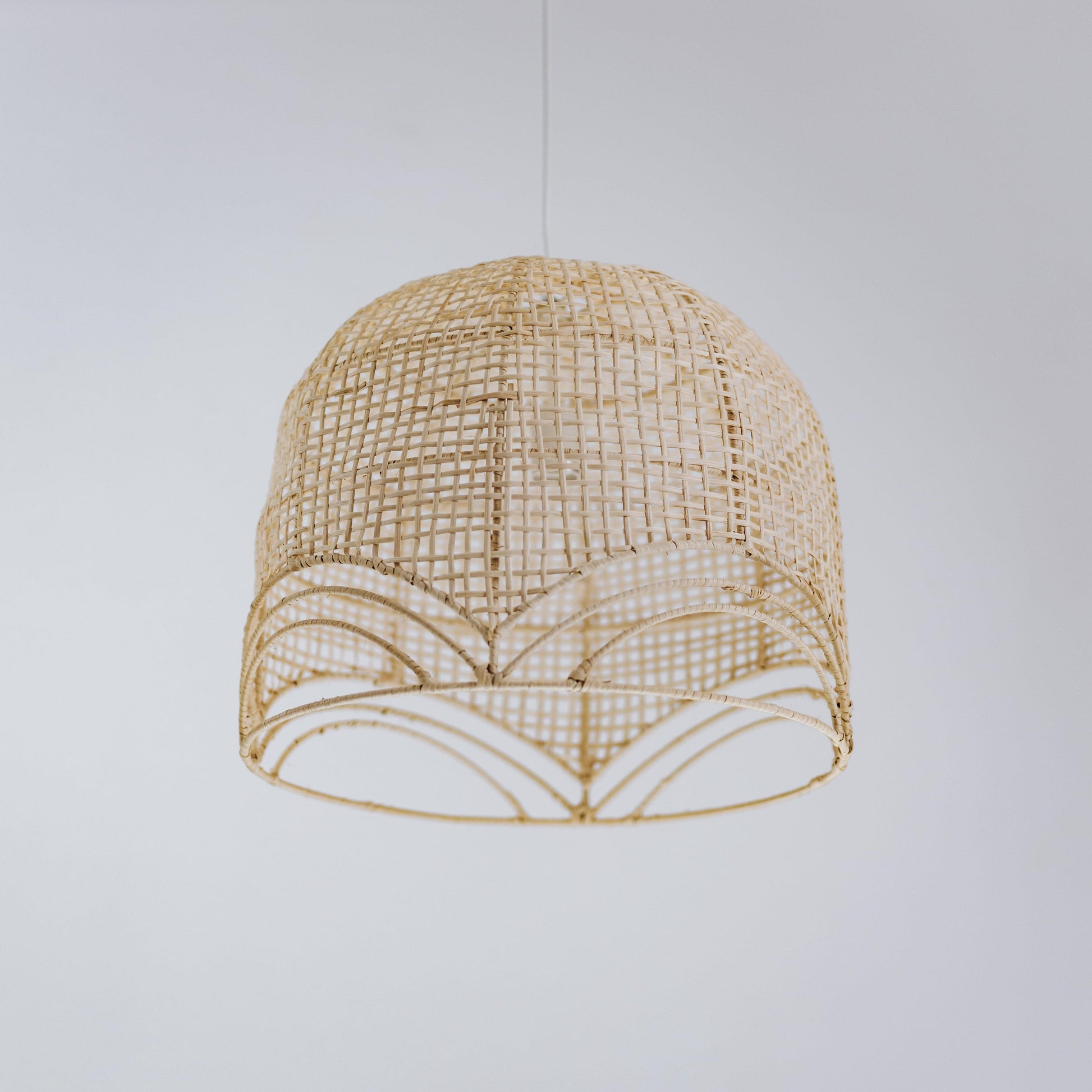 Natural rattan pendant shade, rounded dome with open lattice and scalloped bottom trim