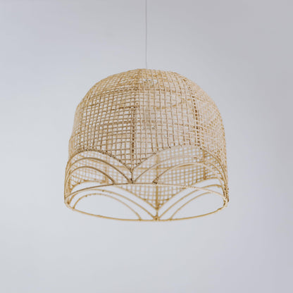 Natural rattan pendant shade, rounded dome with open lattice and scalloped bottom trim