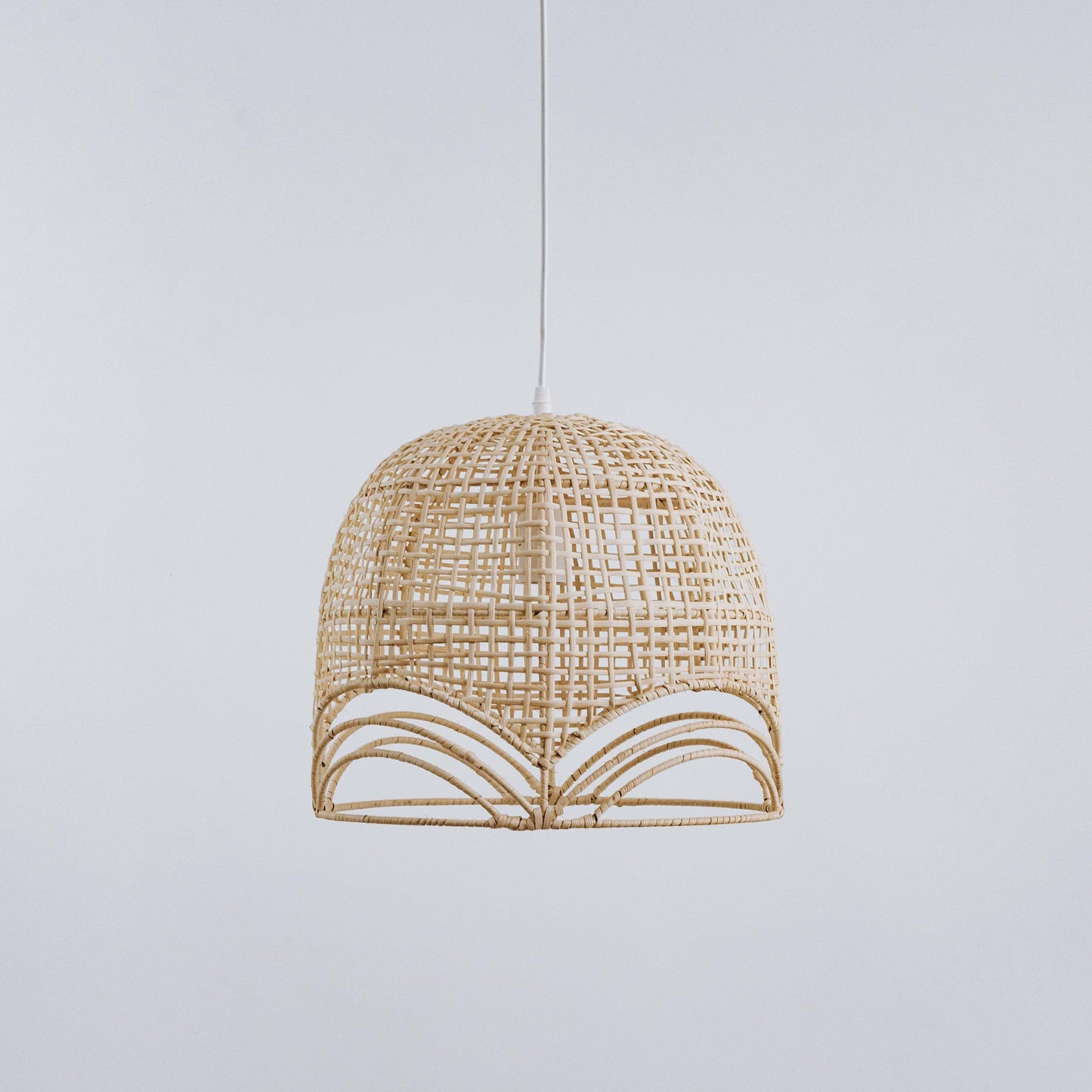 Natural rattan pendant shade, domed open-weave with scalloped edge and hanging cord