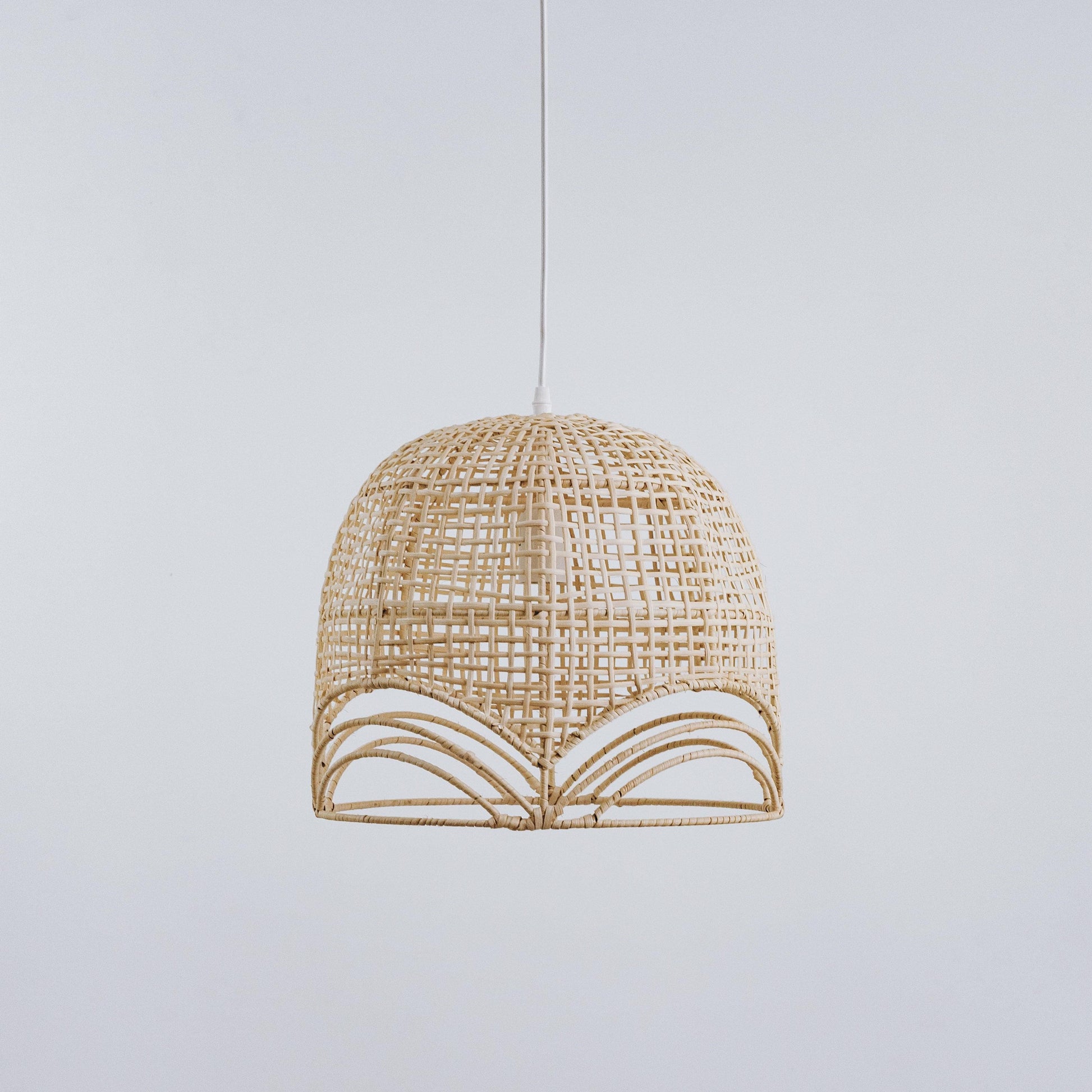 Natural rattan pendant shade, domed open-weave with scalloped edge and hanging cord