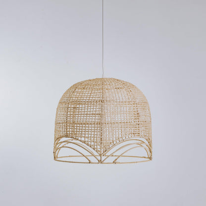 Natural rattan pendant light, small domed lattice shade with scalloped band detail