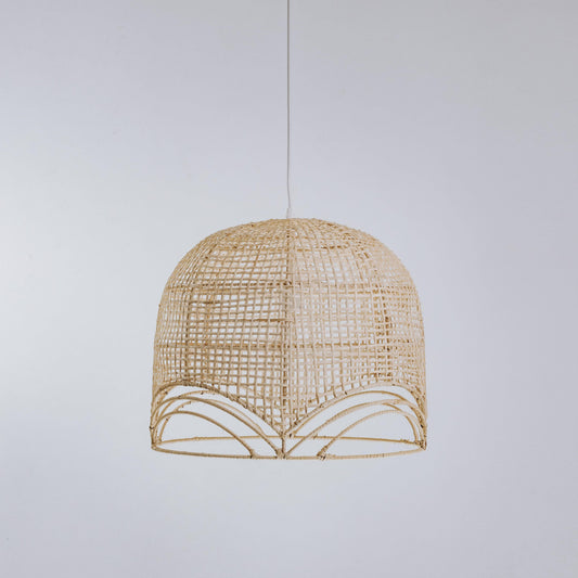 Natural rattan pendant light, small domed lattice shade with scalloped band detail