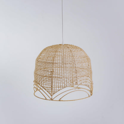 Natural rattan pendant light with domed woven shade and scalloped white-trim edge