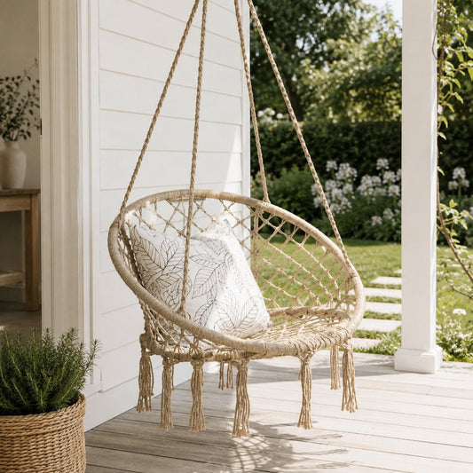 Natural macrame hanging chair swing with circular mesh seat and fringe details