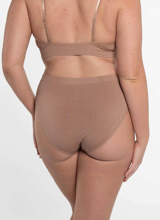 Women's chestnut high-cut lingerie brief with seamless full-coverage back
